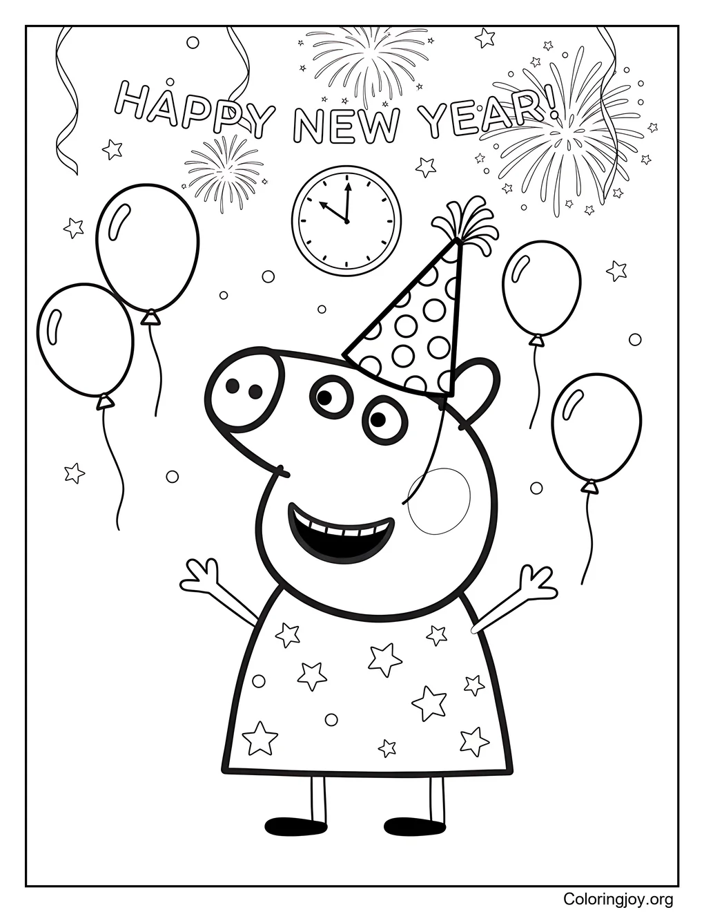 Página para colorear de celebración de feliz año nuevo de Peppa Pig