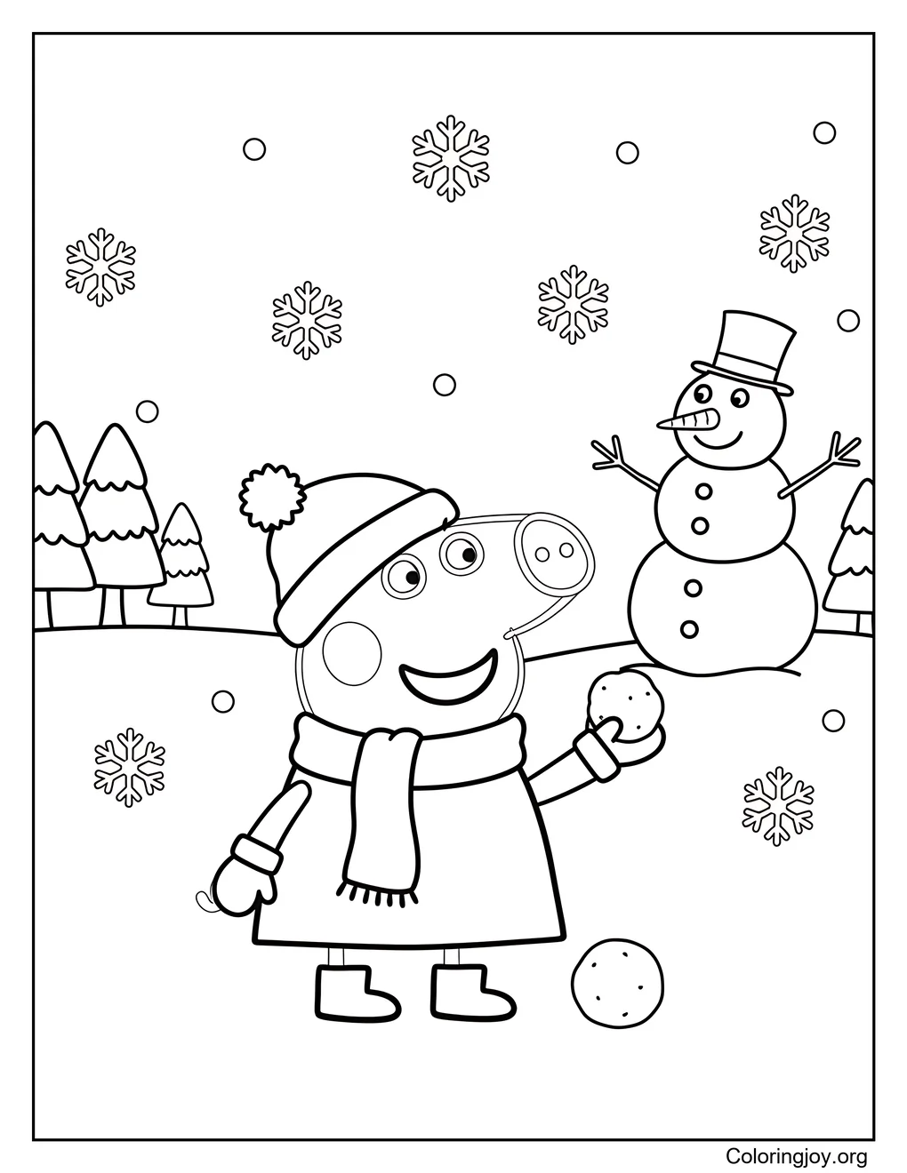 Página para colorear del feliz día de la nieve de Peppa Pig