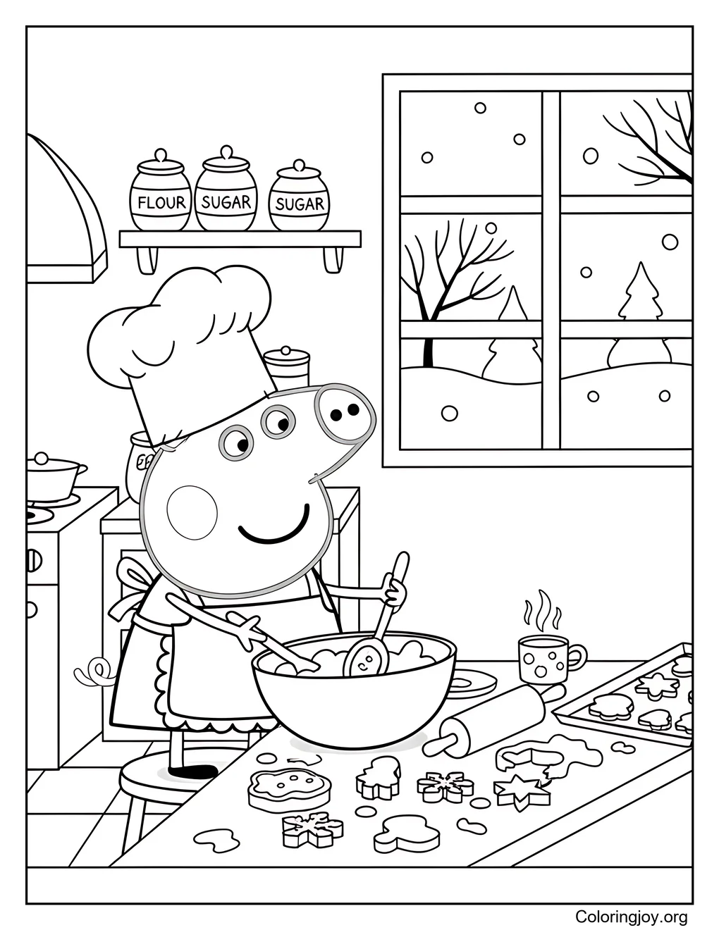 Página para colorear divertida y divertida de repostería invernal de Peppa Pig