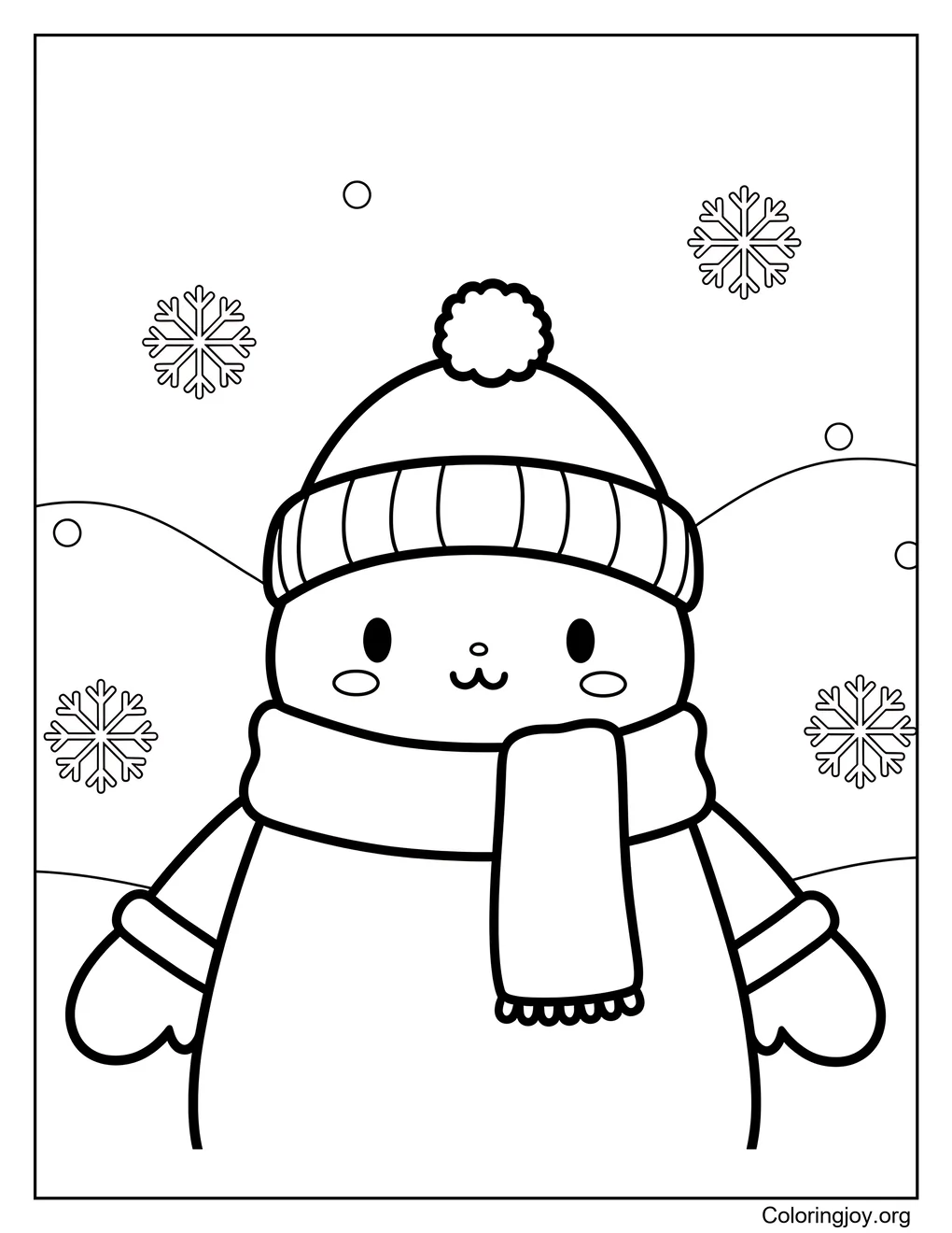 Personaje de invierno Kawaii y colinas nevadas