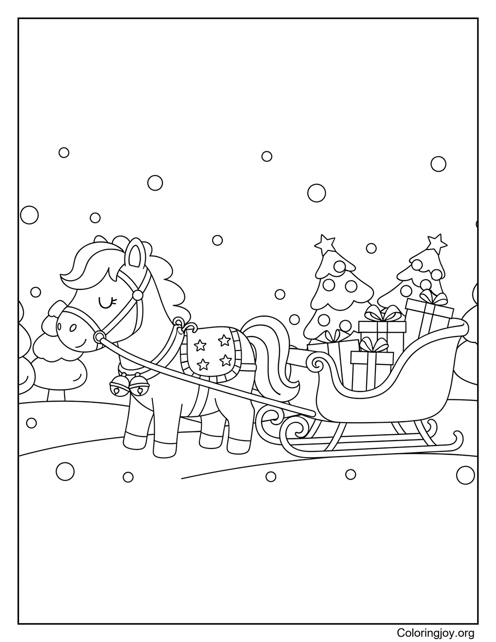 Página para colorear de pony tirando de trineo navideño