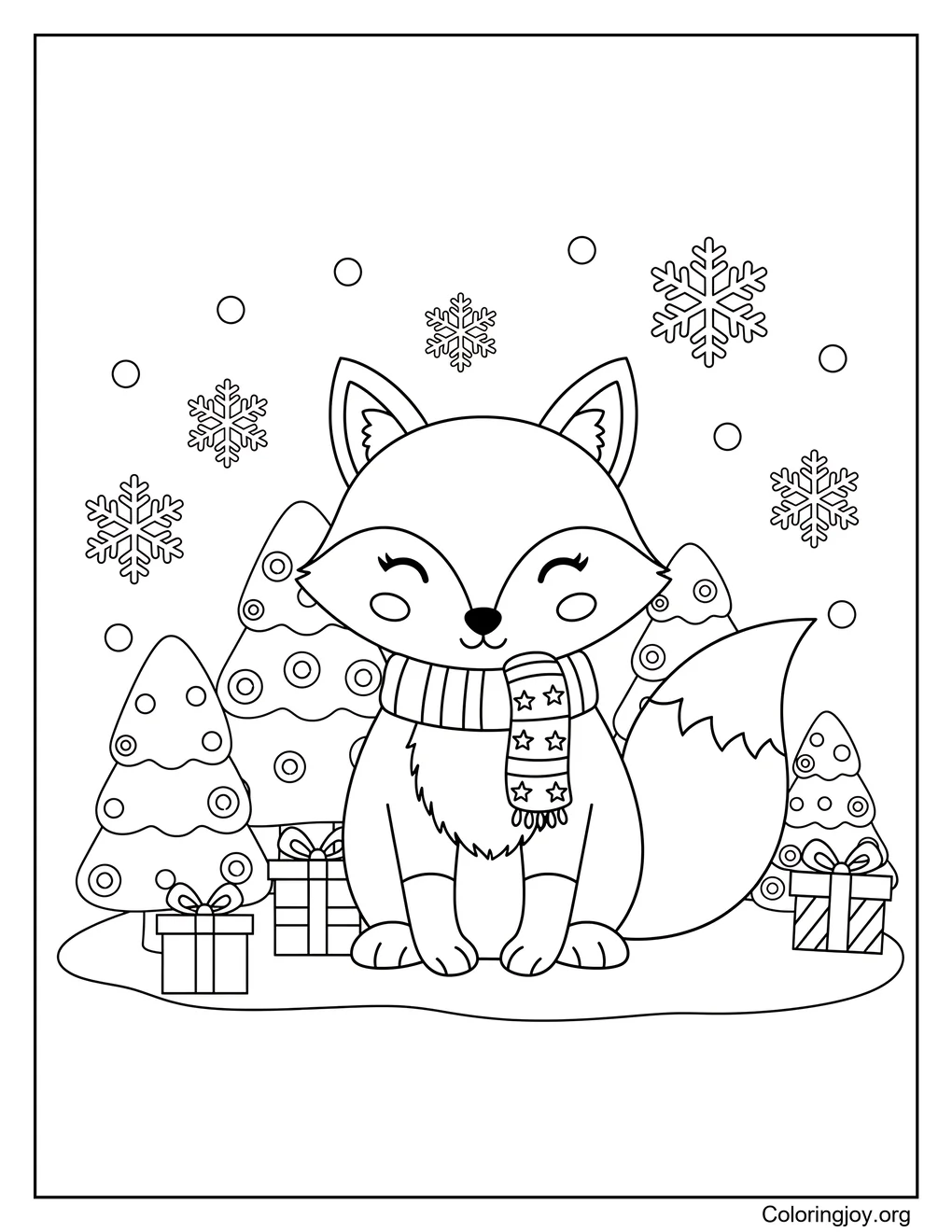 Página para colorear de zorro en el bosque navideño nevado
