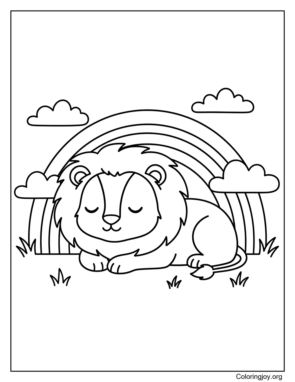 Gentle Lion with Rainbow and Clouds