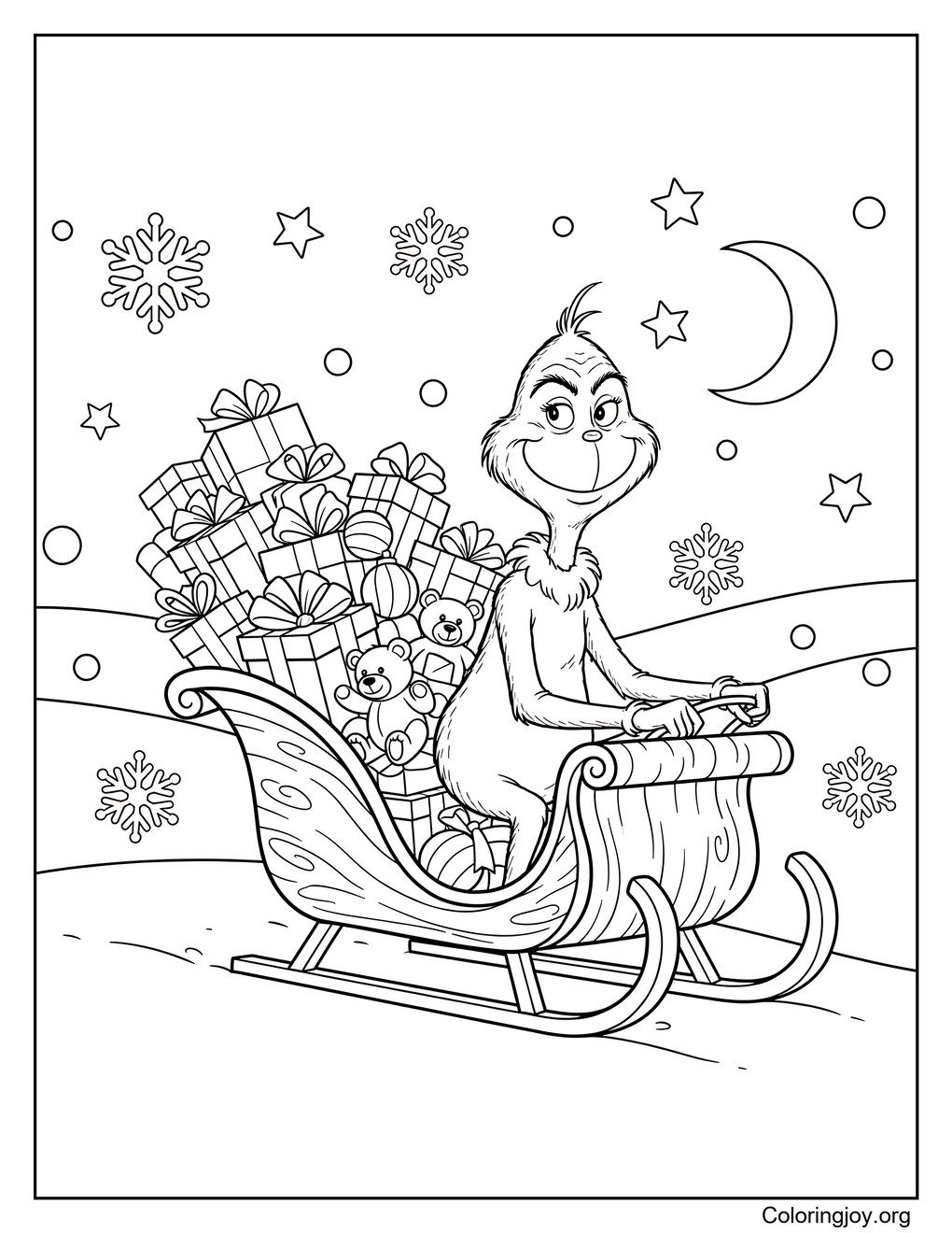 grinch driving his sleigh full of gifts