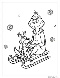 grinch sitting on a sled with max coloring page