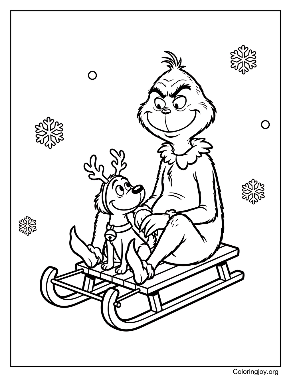 grinch sitting on a sled with max coloring page