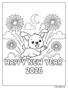 Happy New Year 2026 dog coloring printable