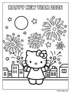 coloring sheet of Hello Kitty New Year