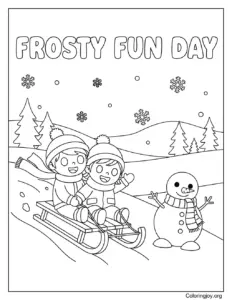 Sledding and snowman winter Coloring Sheet