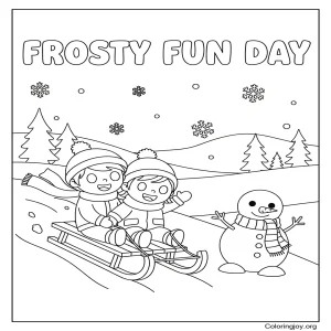 Sledding and snowman winter Coloring Sheet