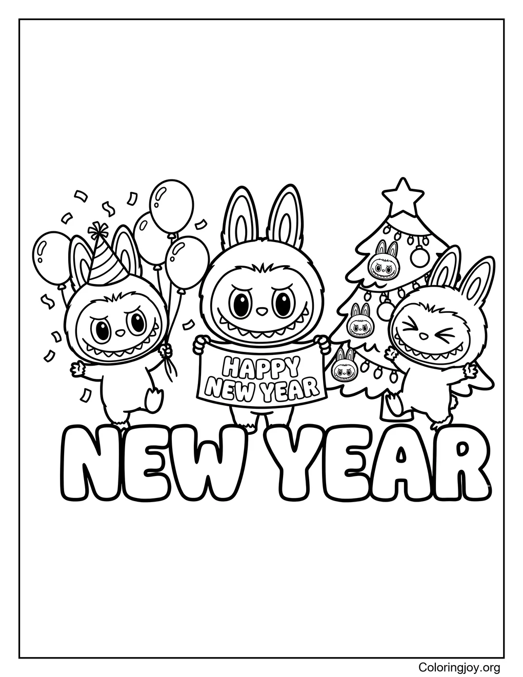 three labubu wish new year outline