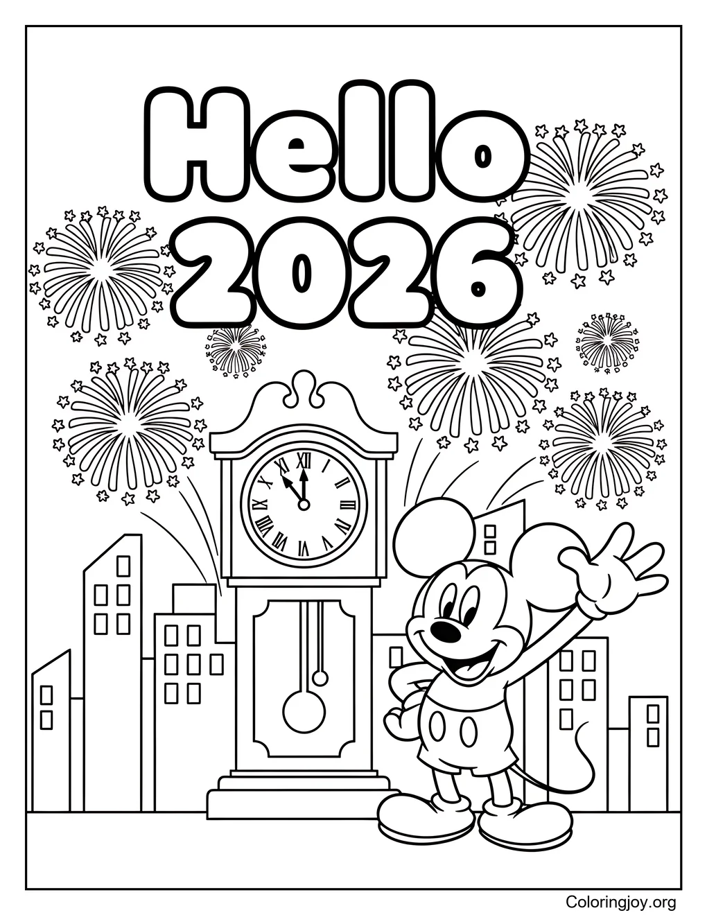 Mickey Mouse New Year fun page to color