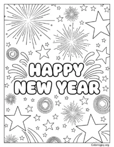 New Year night sky fireworks coloring scene