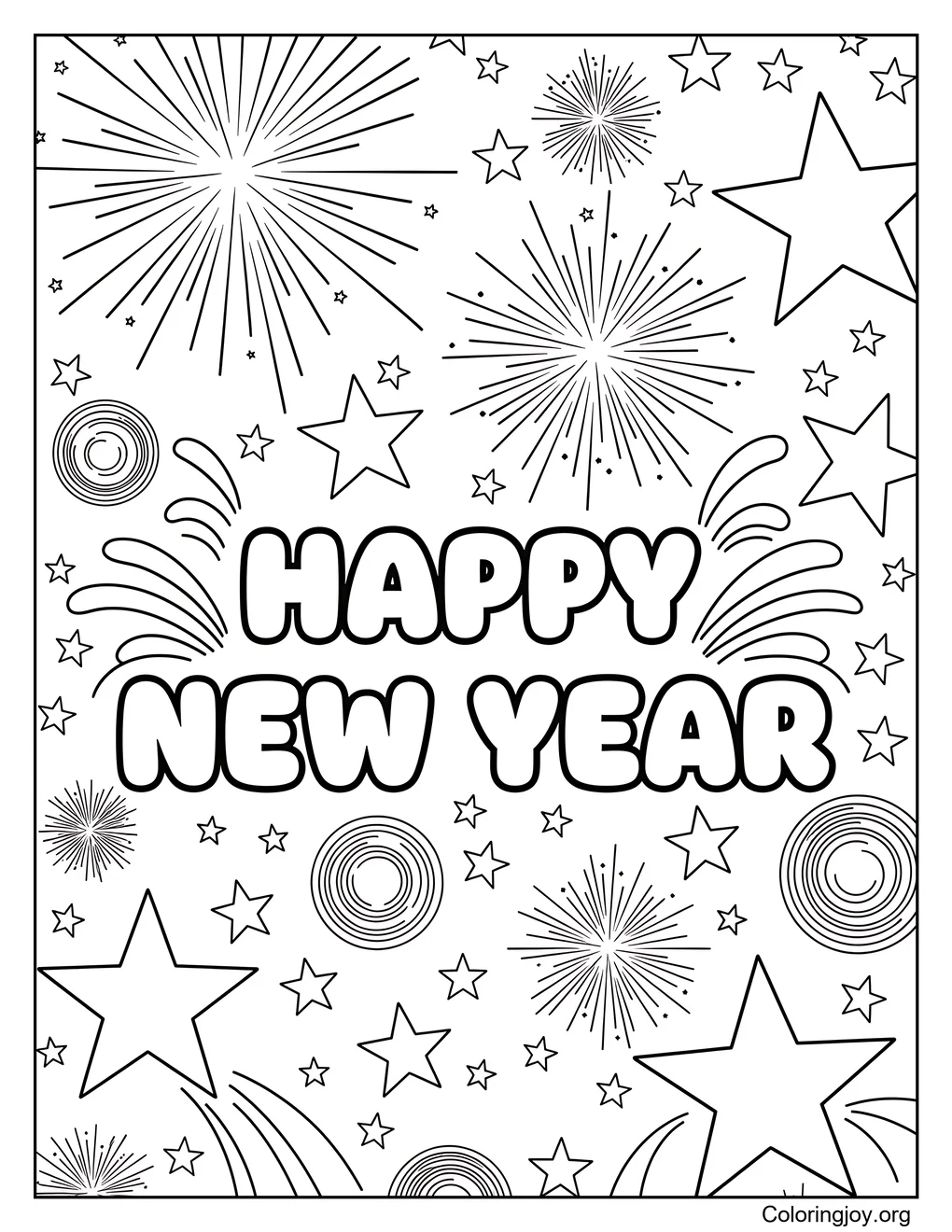 New Year night sky fireworks coloring scene