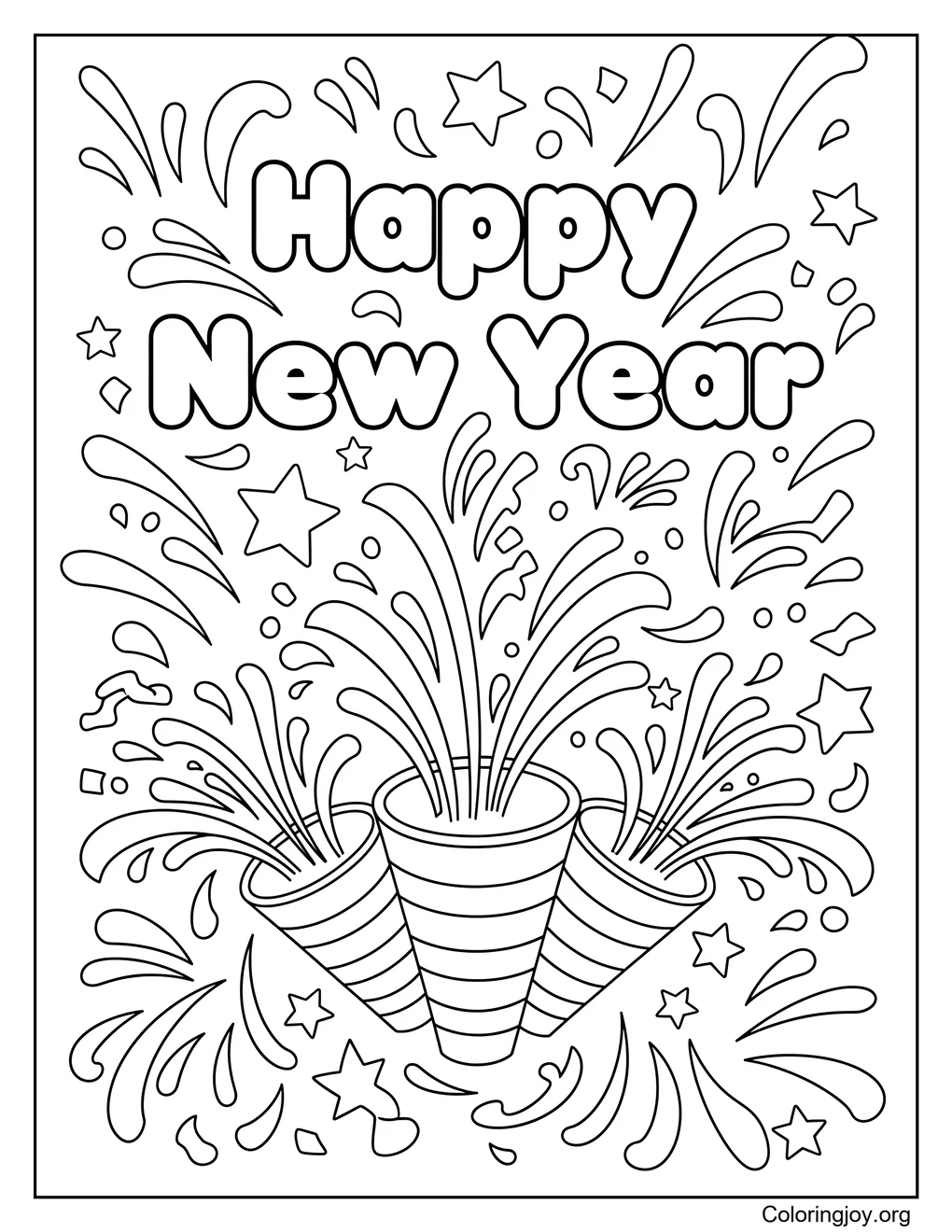 New Year party popper coloring fun page