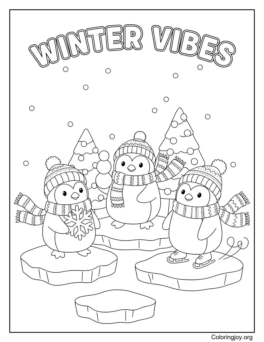 Penguin Winter Scene,Color a happy penguin enjoying a fun snowy day.