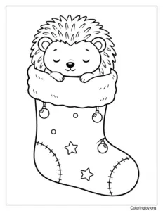 Plump Baby Hedgehog in Christmas Stocking Coloring Page
