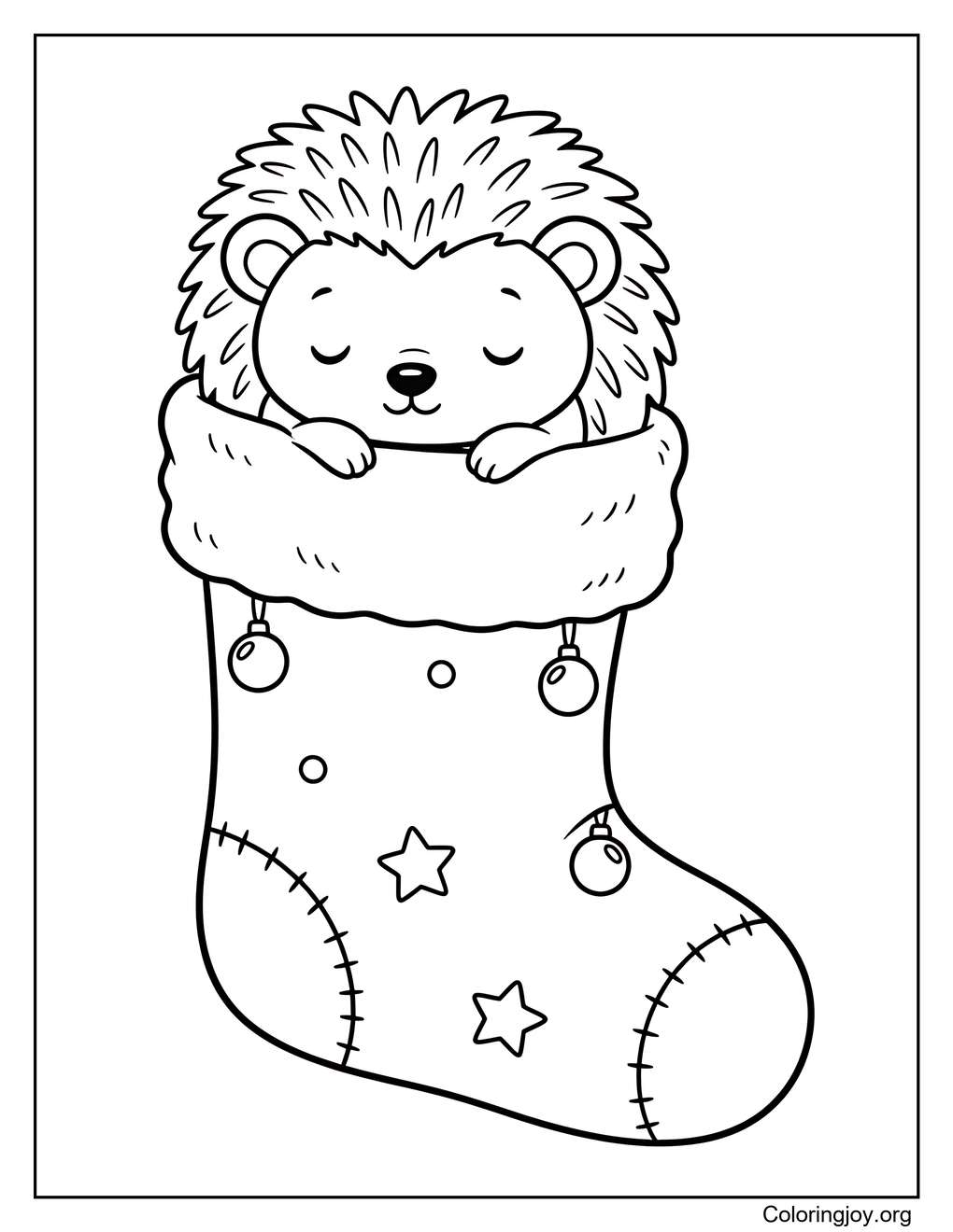 Plump Baby Hedgehog in Christmas Stocking Coloring Page