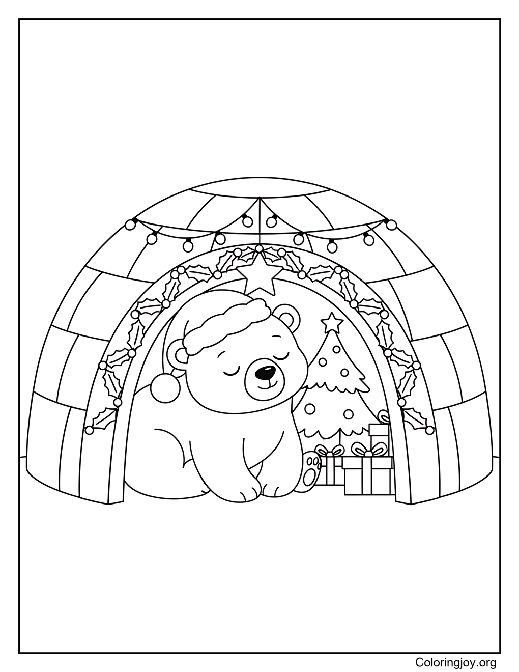 Polar Bear Cub Christmas Igloo Coloring Page