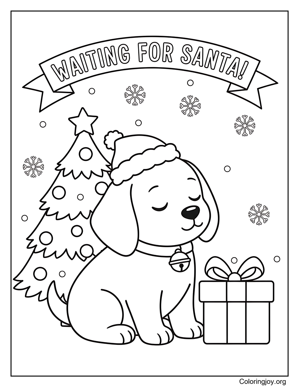 Puppy Waiting for Santa by Christmas Tree Coloring Page