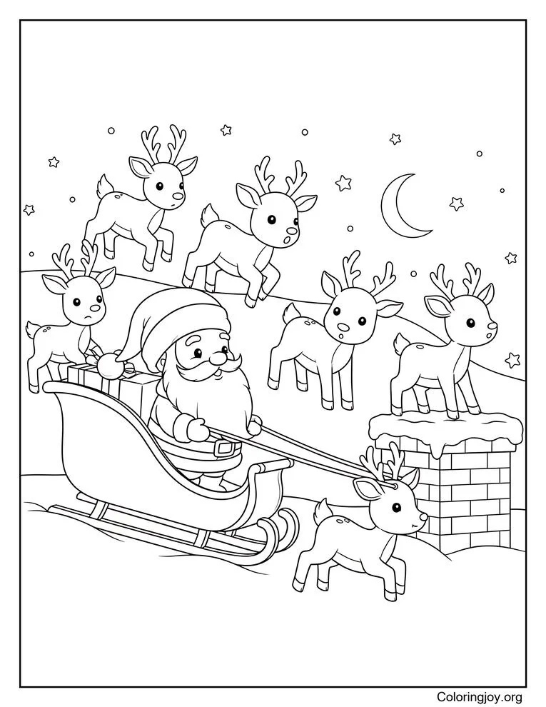 Santa and his reindeer landing on a rooftop coloring page