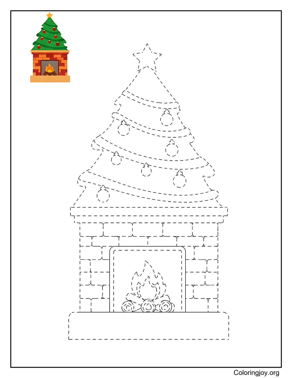 Christmas Fireplace Tracing Coloring Page