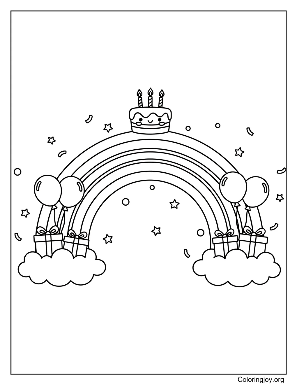 Smiling Rainbow Birthday Celebration with Cake and Gifts
