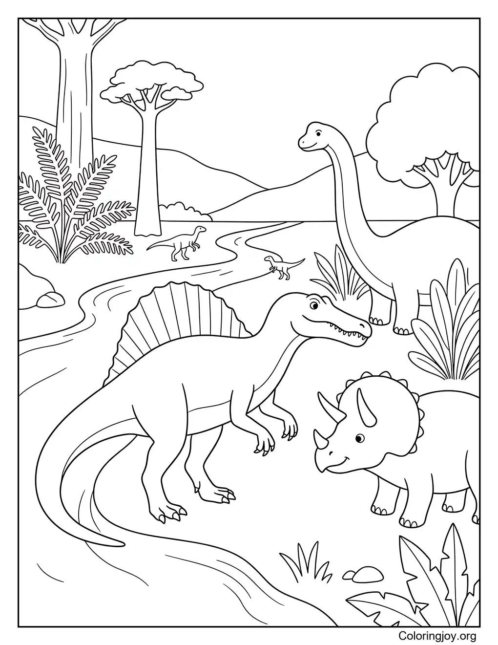Dinosaur Friends and Spinosaurus Coloring Page