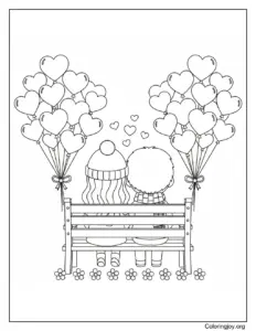 Couple sitting in bench Heart Balloons