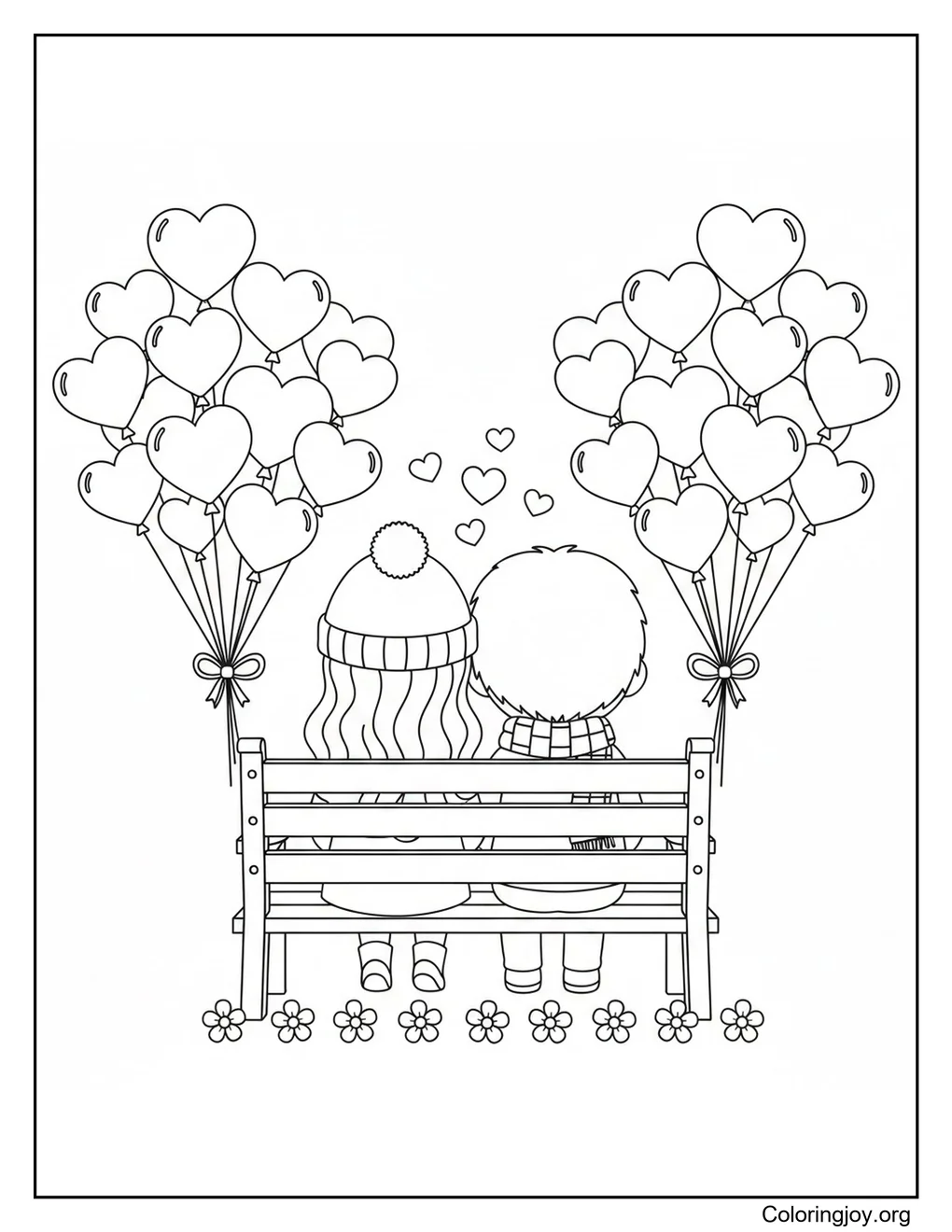 Couple sitting in bench Heart Balloons