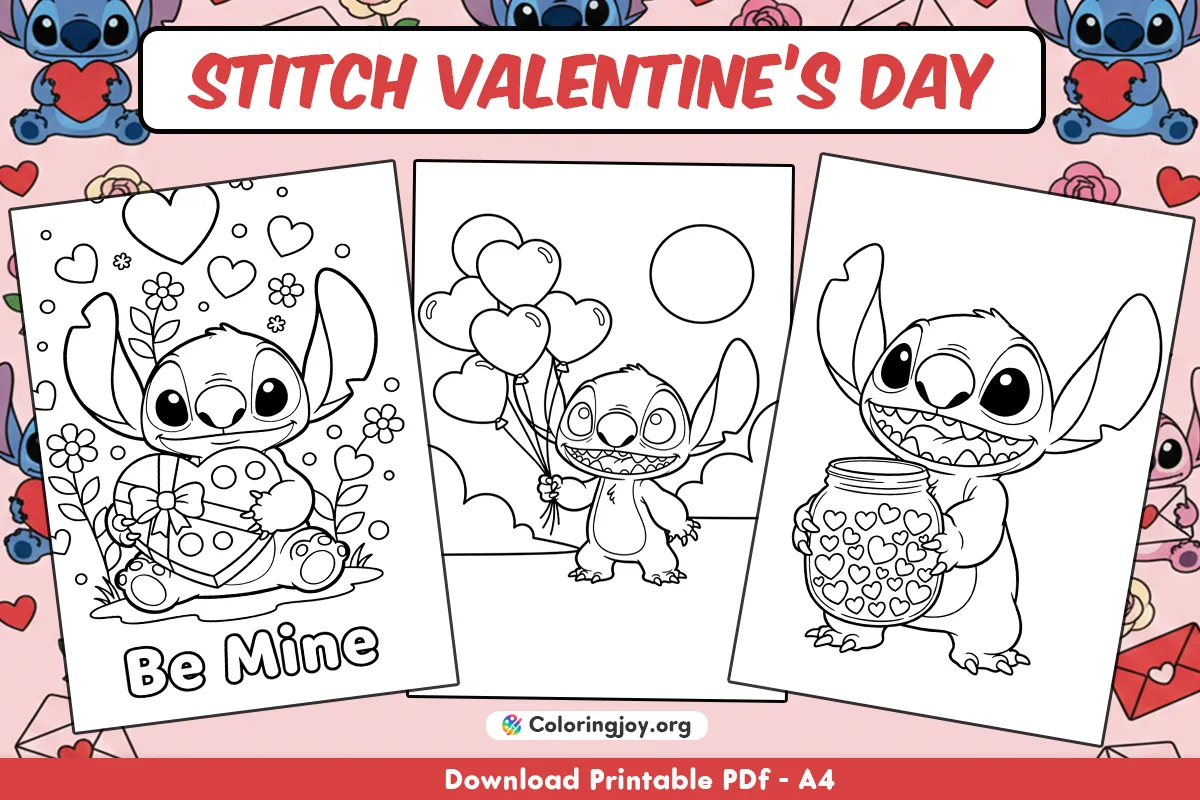 Stitch Páginas para colorear de San Valentín (PDF lindos y gratuitos para imprimir)