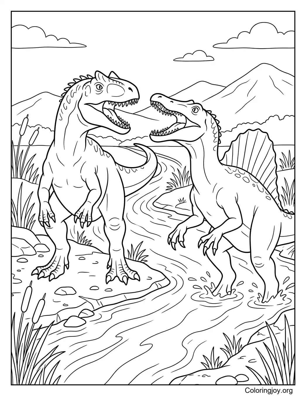 Allosaurus vs Spinosaurus near a river