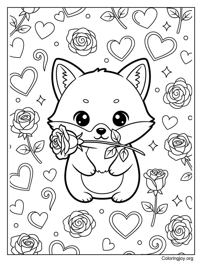 Baby Fox with a Rose Coloring Page