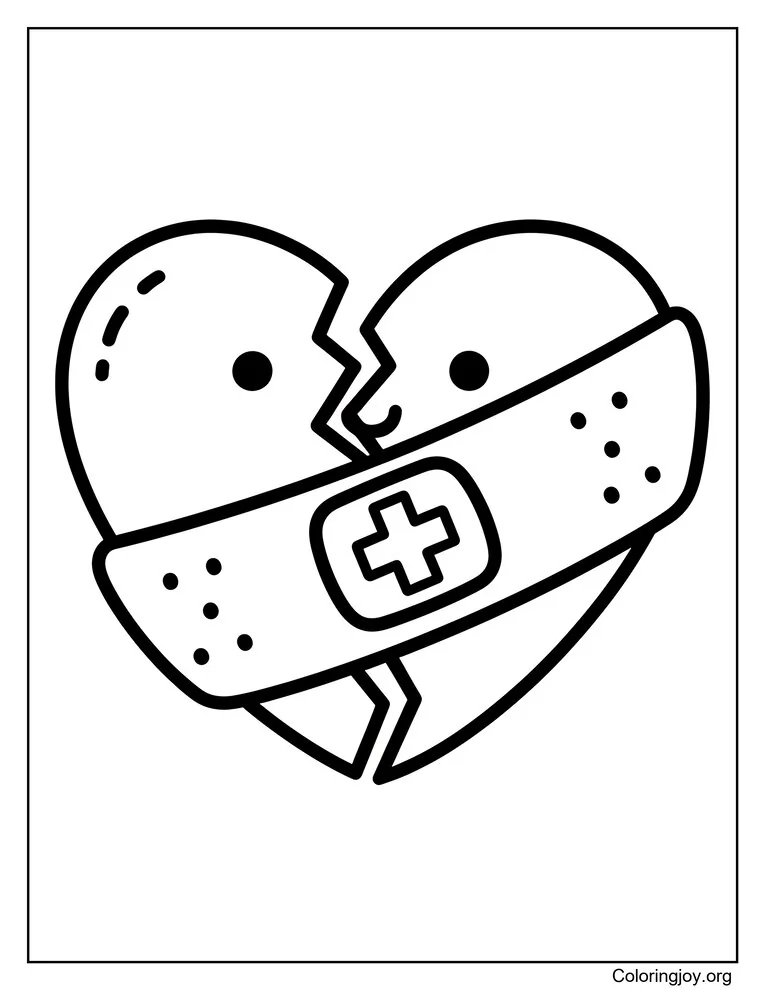 Broken Heart with Bandage Coloring Page