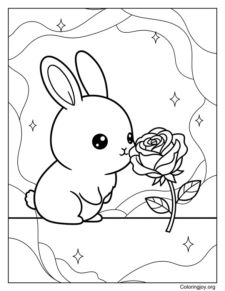 Bunny Sniffing Rose Coloring Page