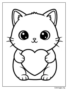 Cat Holding A Heart Coloring Page
