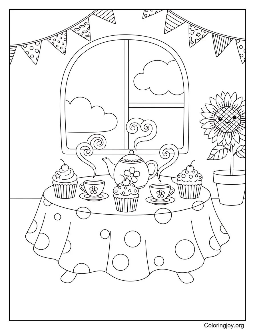 Place a table full of decorated cupcakes with teapot and bunting.
