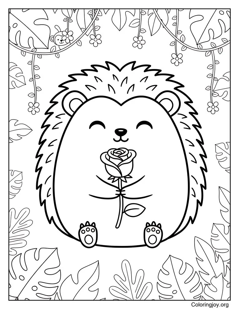 Cute Hedgehog Holding A Rose Coloring Page