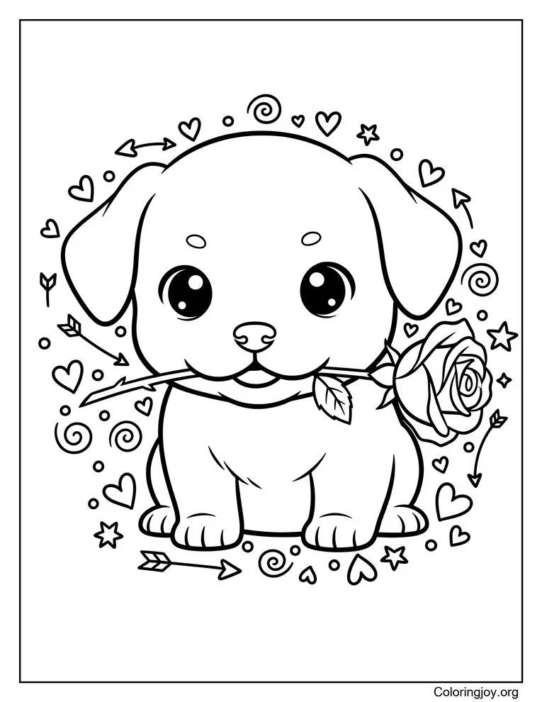 Cute Puppy Holding a Rose Coloring Page