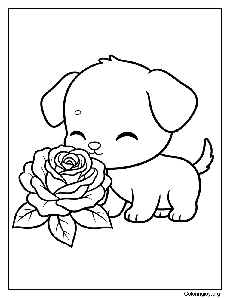 Página para colorear de cachorro oliendo una rosa floreciente