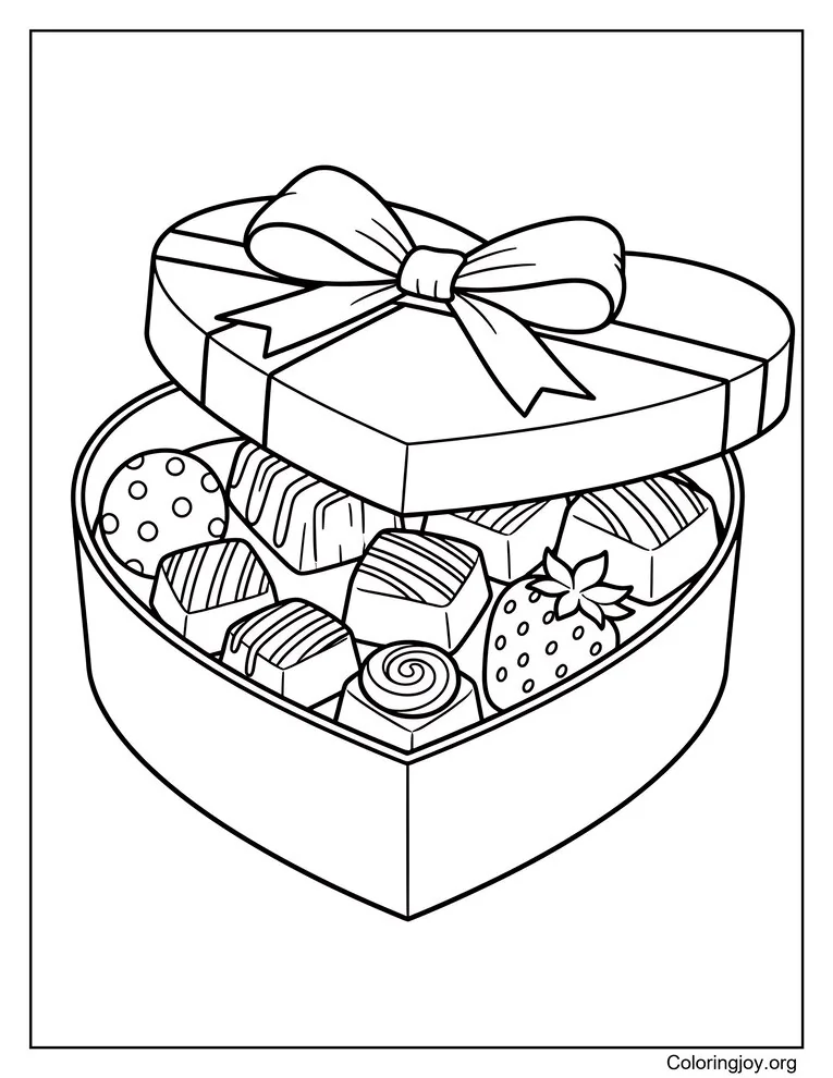 Página para colorear de caja de corazón de chocolate