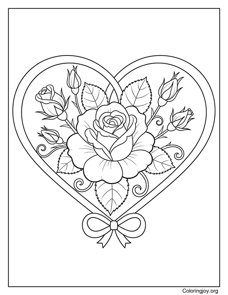 Página para colorear de corazón de rosa