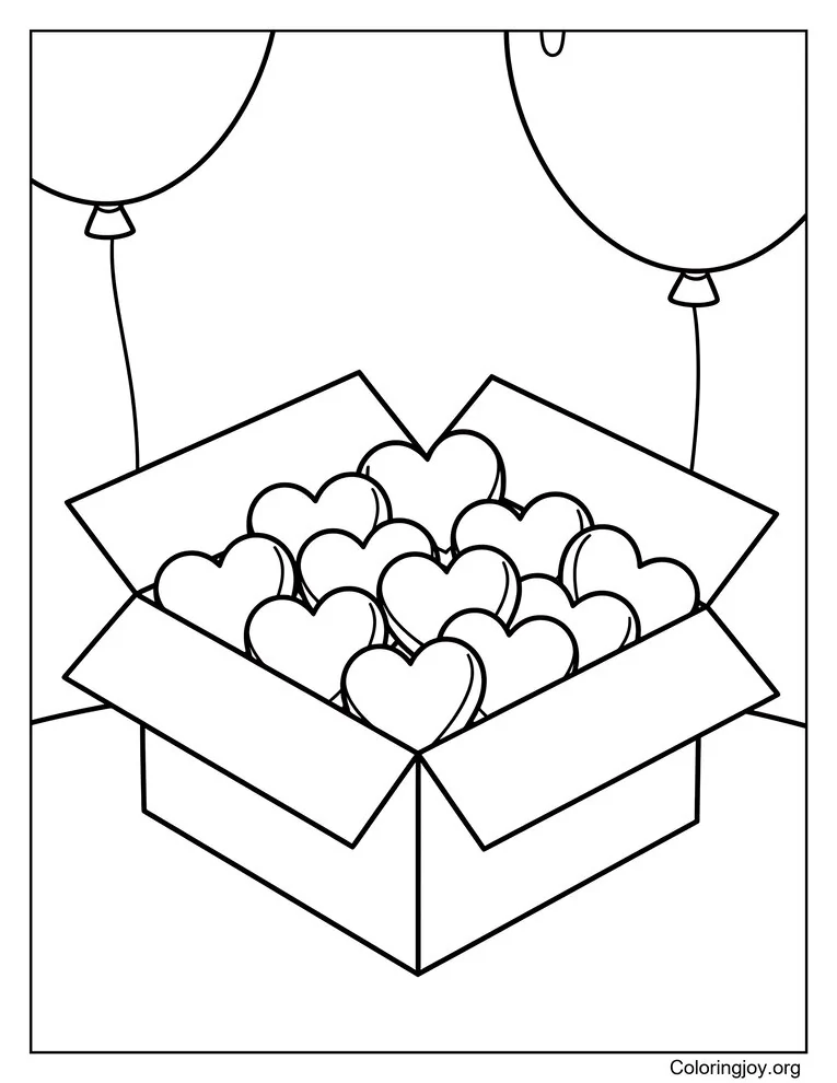 Página para colorear de corazones de chocolate en caja