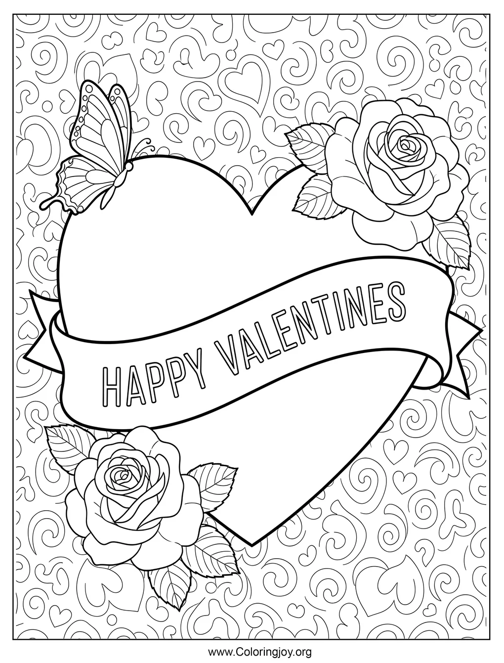 Feliz San Valentín gran corazón con flores en ambos lados