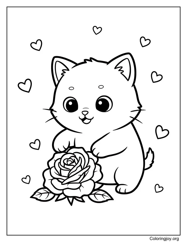 Página para colorear de gatito jugando con una rosa caída