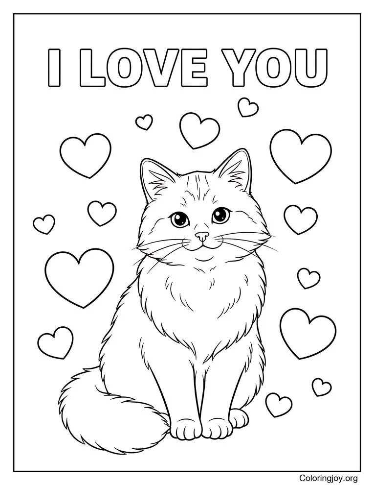 Página para colorear de gato con corazones