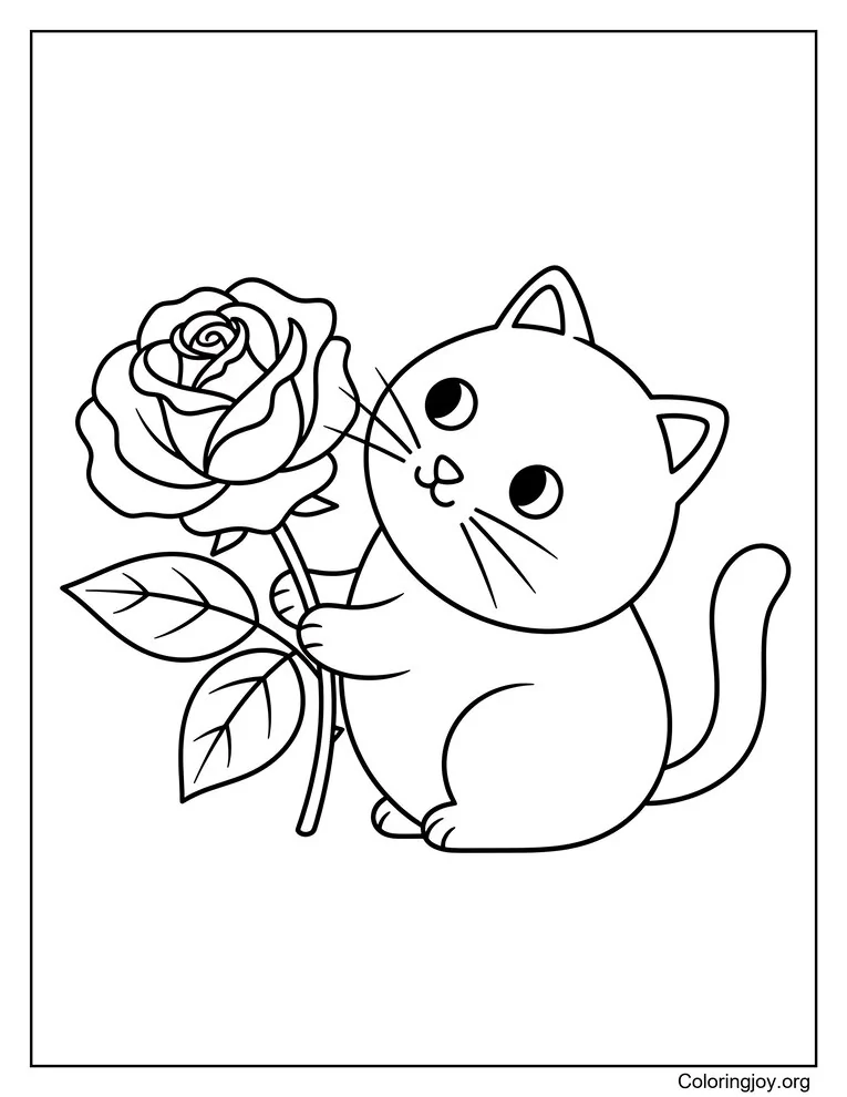 Página para colorear de gato que huele una rosa
