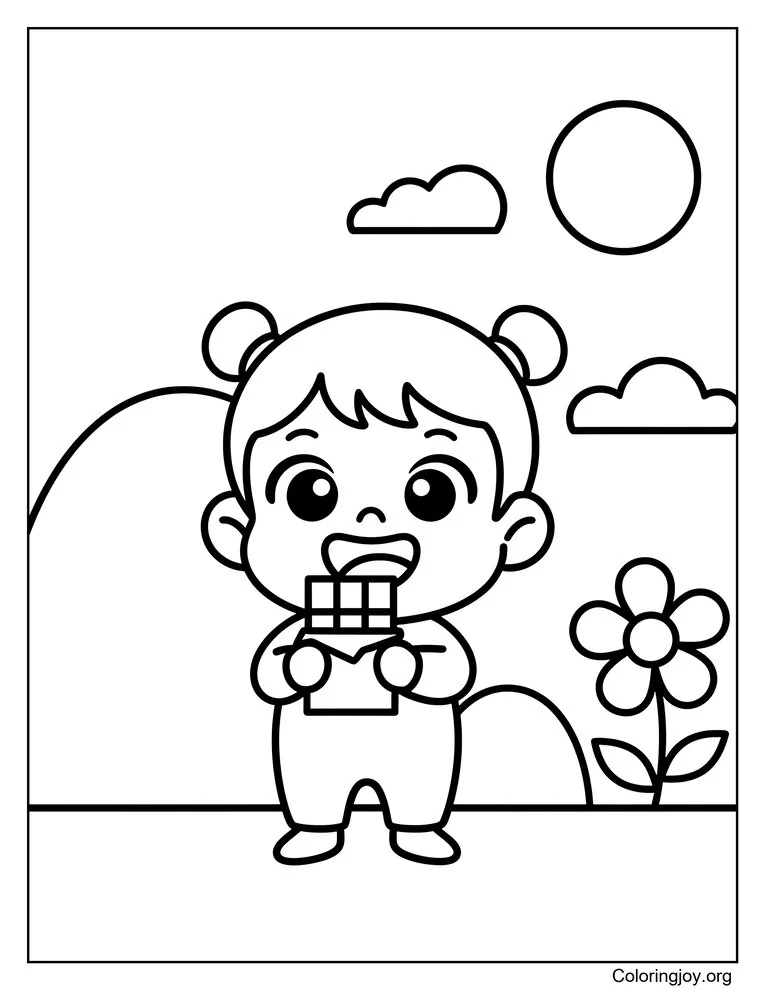 Página para colorear de niño lindo con chocolate