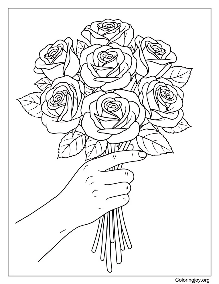 Página para colorear de mano sosteniendo un ramo de rosas