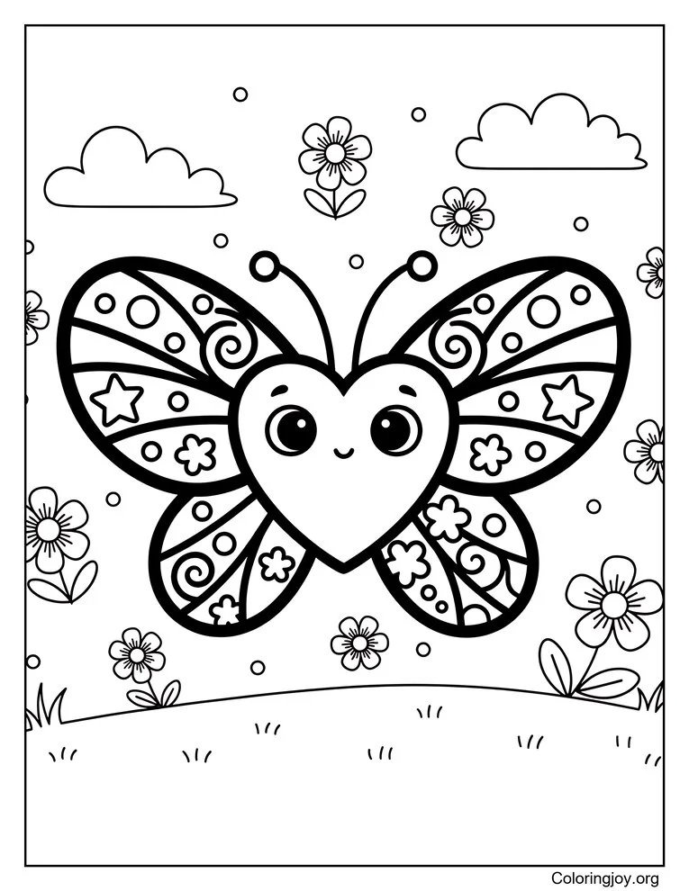 Página para colorear de mariposa y corazón